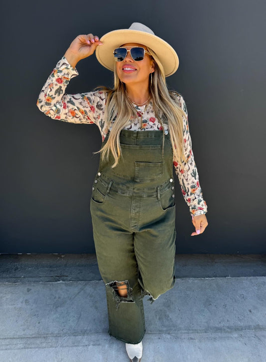 Dahlia Wide Leg Distressed Overalls