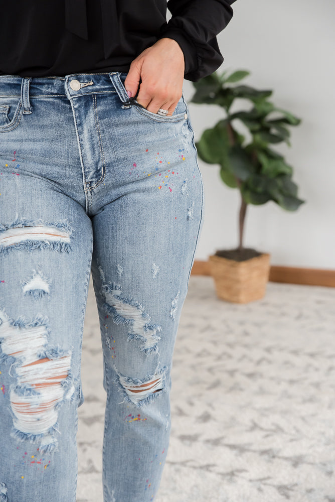 Rainbow Skies Paint Splatter Judy Blue Boyfriend Jeans