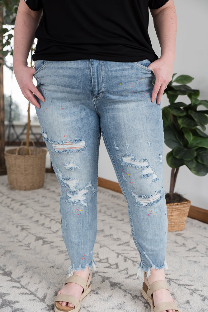 Rainbow Skies Paint Splatter Judy Blue Boyfriend Jeans