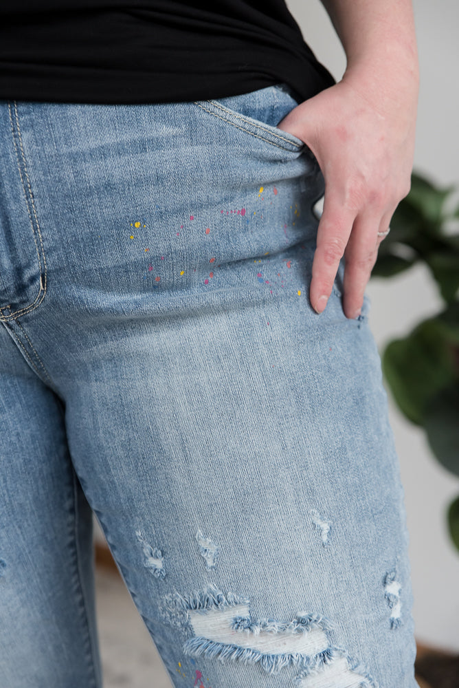 Rainbow Skies Paint Splatter Judy Blue Boyfriend Jeans