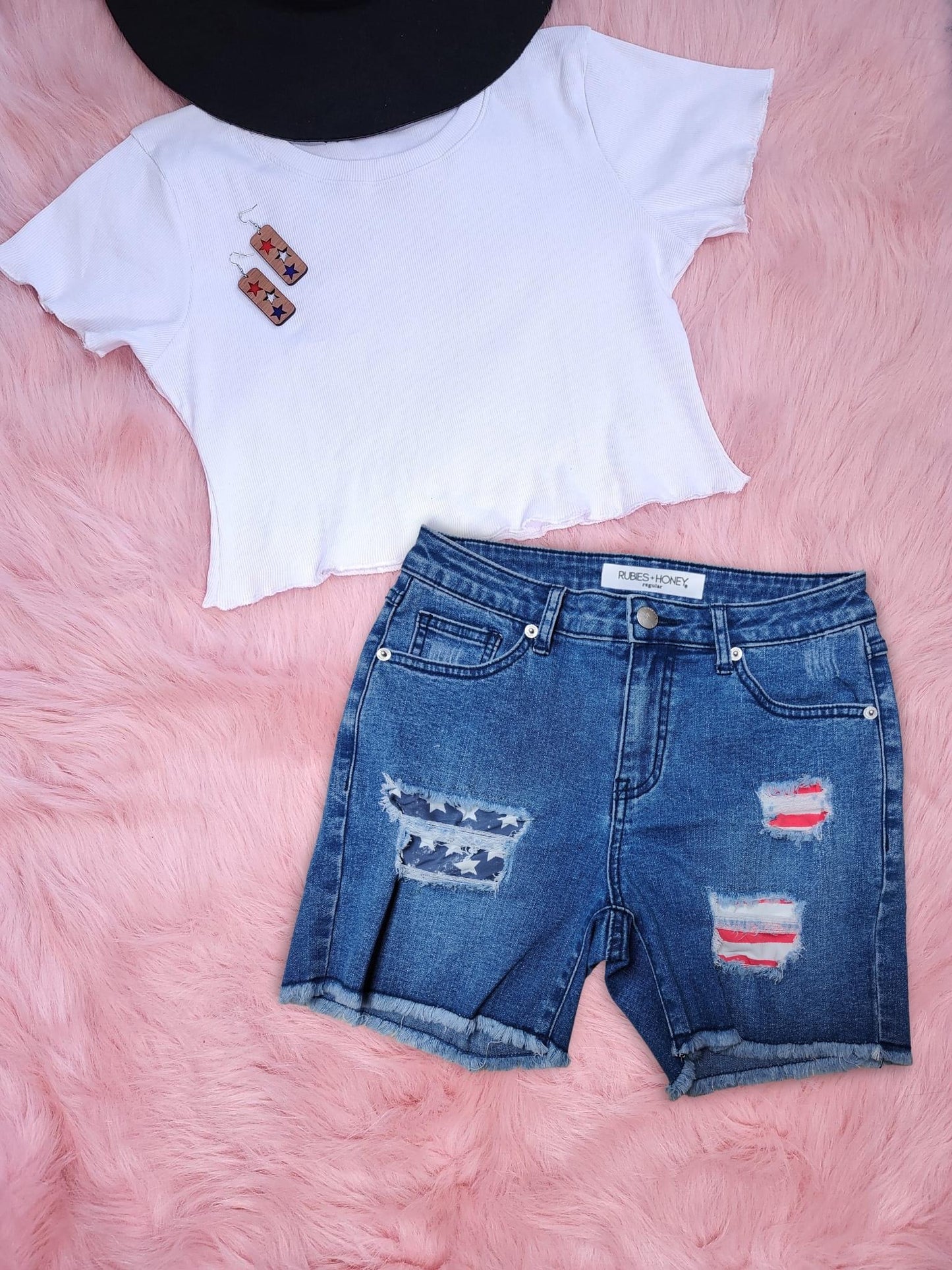 USA Flag Patch Cutoff Rubies+Honey Jean Shorts