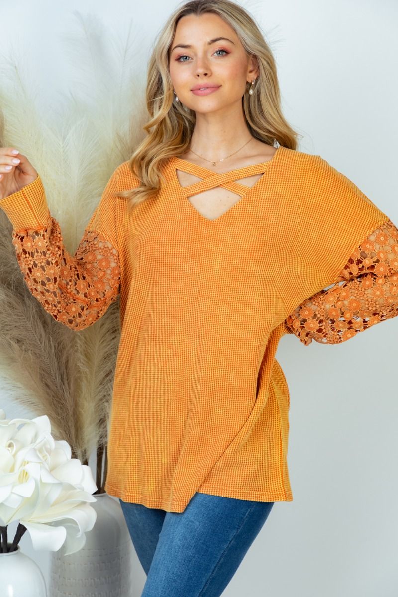 Field of Pumpkins Cross Neck Lace Sleeve Top