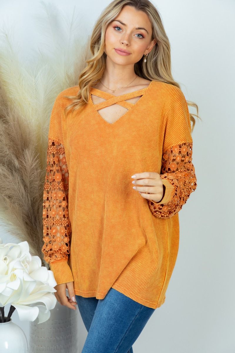 Field of Pumpkins Cross Neck Lace Sleeve Top