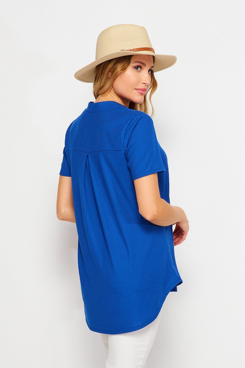 Gabby V Neck Ribbed Tee in Royal Blue